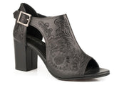 Roper Womens Black Floral Tooled Leather Fashion Open Toe Sandal - Roper
