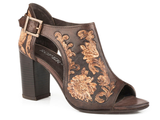 Roper Womens Brown  Beige Floral Tooled Leather Fashion Open Toe Sandal - Roper