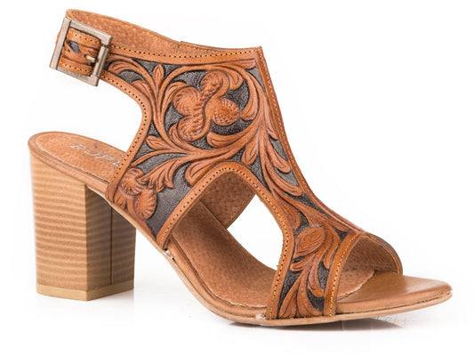 Roper Womens Tan Floral Tooled Leather Fashion Open Toe Sandal - Roper