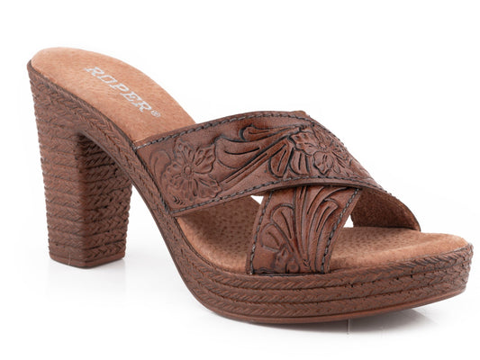 Roper Womens Cognac Tooled Sandal - Roper