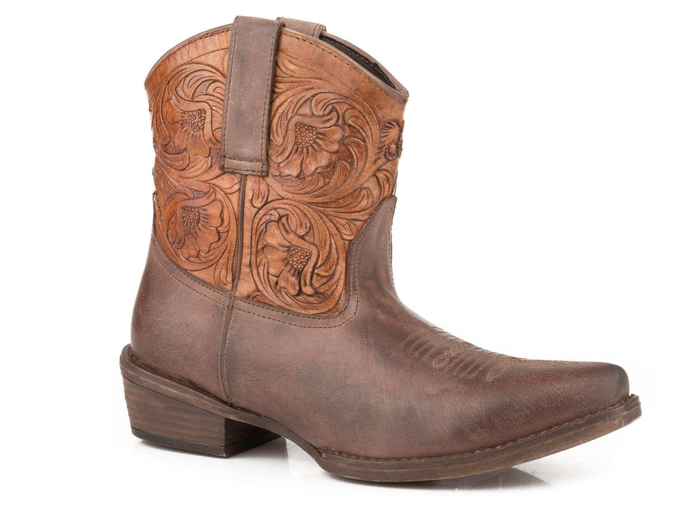 Roper Womens Brown Vamp With Tooled Shaft Leather Shorty - Roper - Flyclothing LLC