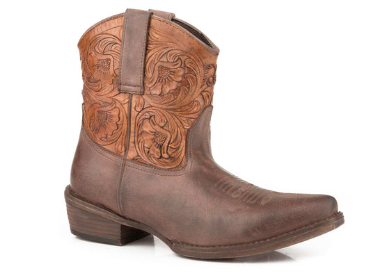 Roper Womens Brown Vamp With Tooled Shaft Leather Shorty - Roper - Flyclothing LLC