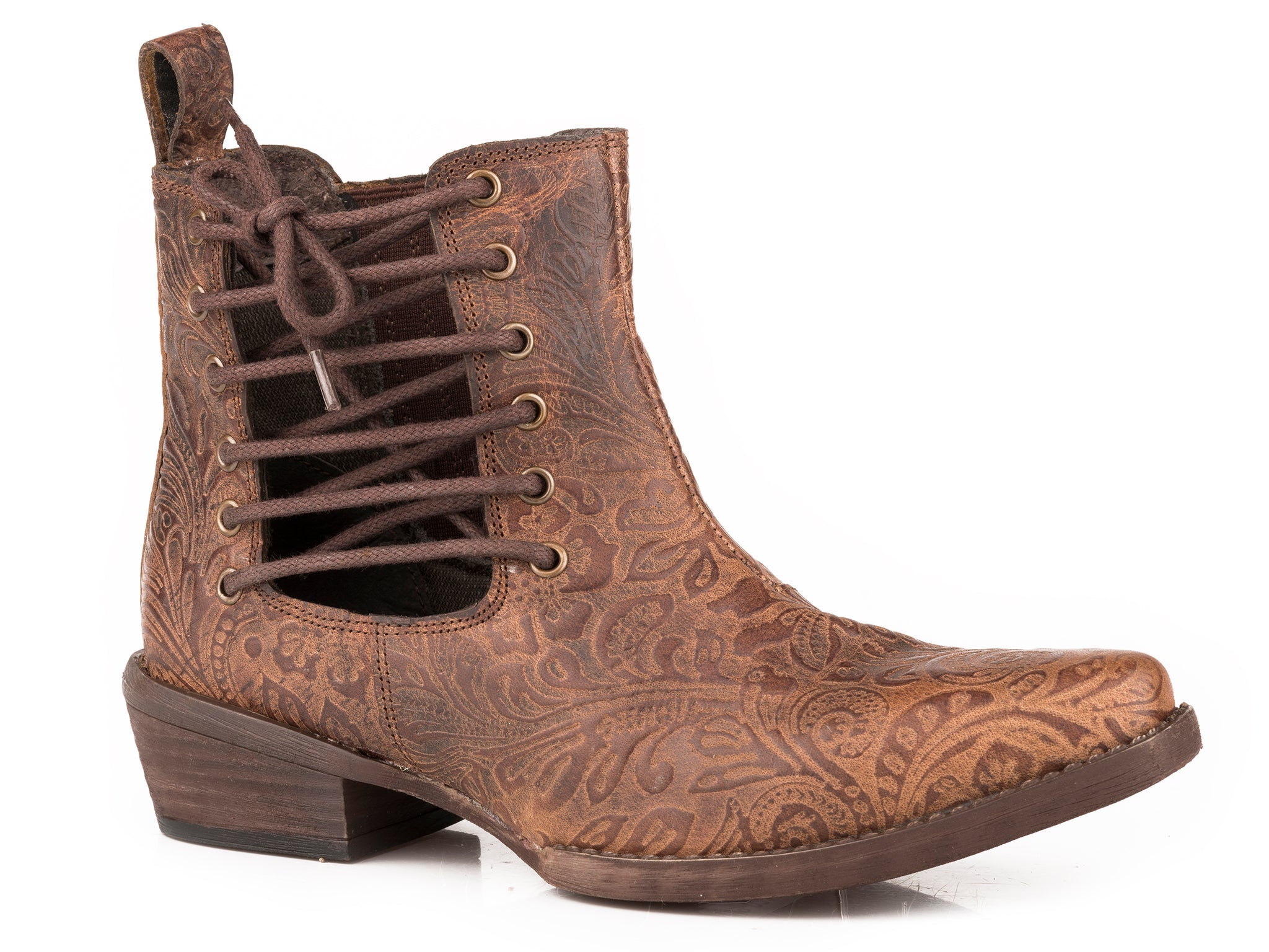 Roper Womens Brown Embossed Floral Leather Boot