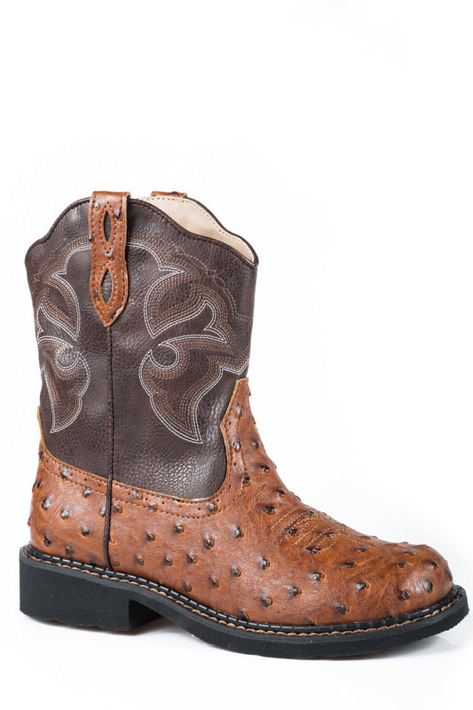 Roper Womens Chunk Rider Boot Tan Faux Ostrich Leather Vamp Brown Upper - Roper