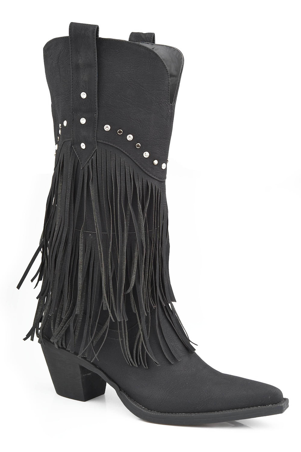 ROPER WOMENS FASHION COWBOY BOOT BLACK FAUX LEATHER FRING WITH STUD DESIGN - Roper