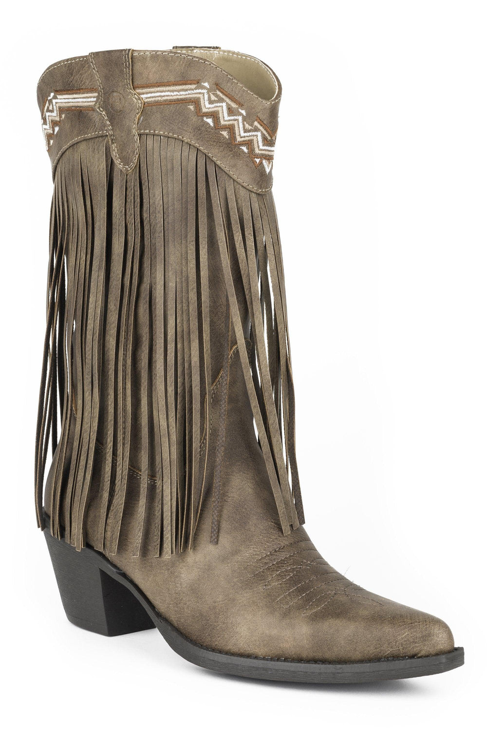 ROPER WOMENS FASHION COWBOY BOOT BROWN FAUX LEATHER FRING AND EMBROIDERED DESIGN - Roper