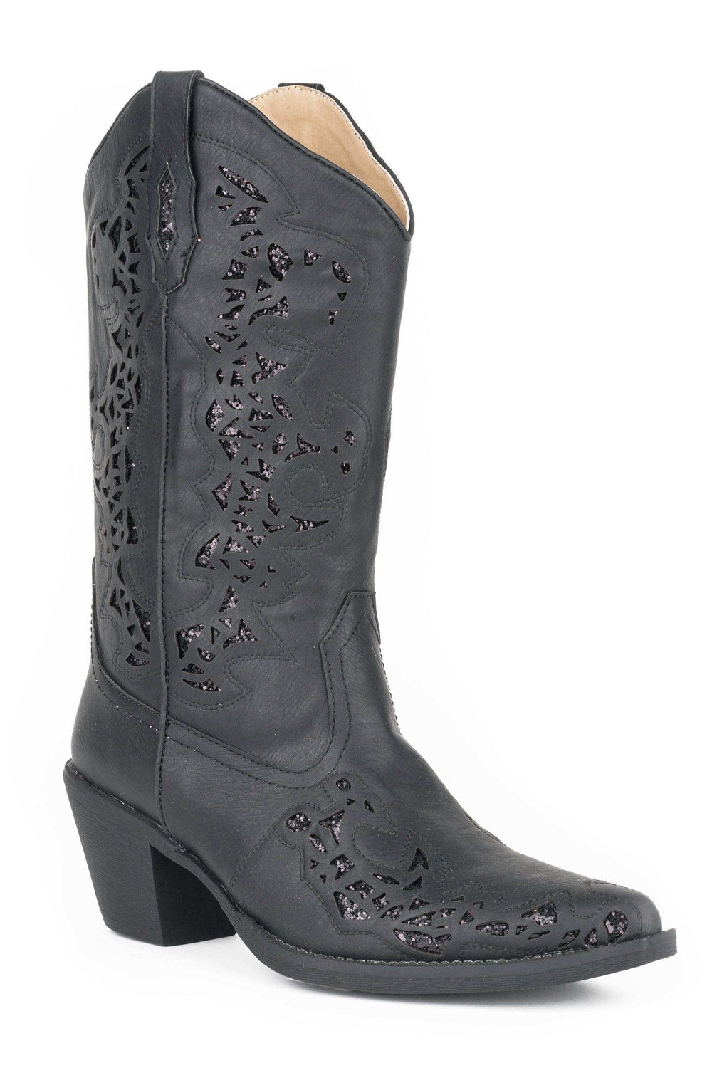 Roper Womens Fashion Cowboy Boot Vintage Black Faux Leather With Glitter Underlay - Roper - Flyclothing LLC