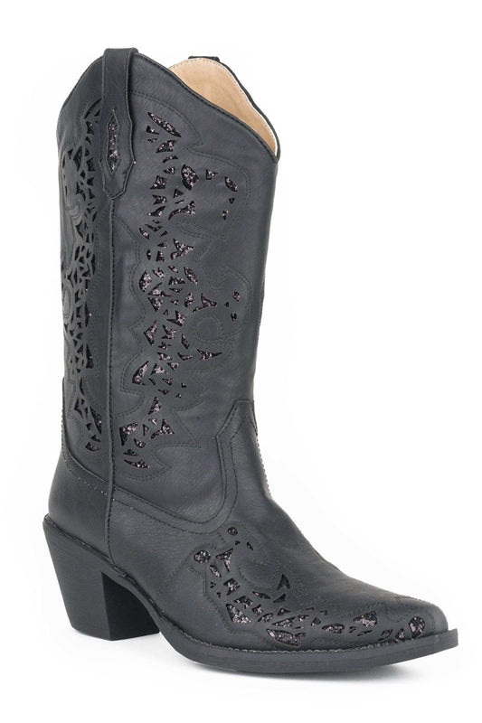 Roper Womens Fashion Cowboy Boot Vintage Black Faux Leather With Glitter Underlay - Roper - Flyclothing LLC