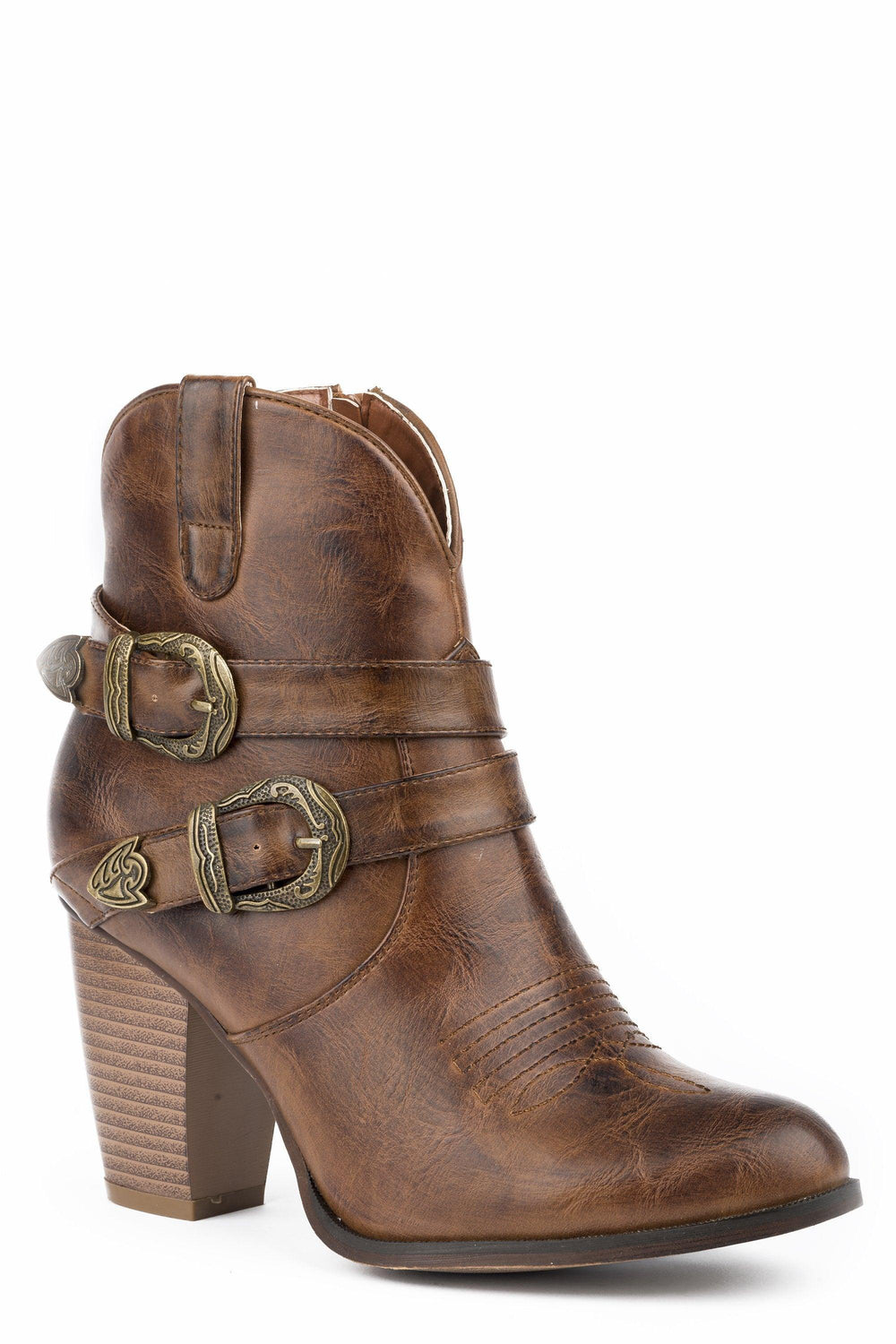 ROPER WOMENS FASHION SHORTY BOOT BURNISHED COGNAC FAUX LEATHER WITH TWO BELTS - Roper
