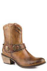 ROPER WOMENS FASHION SHORTY BOOT BURNISHED BROWN FAUX LEATHER WITH ANTIQUE BRASS BUCKLE AND CONCHO - Flyclothing LLC