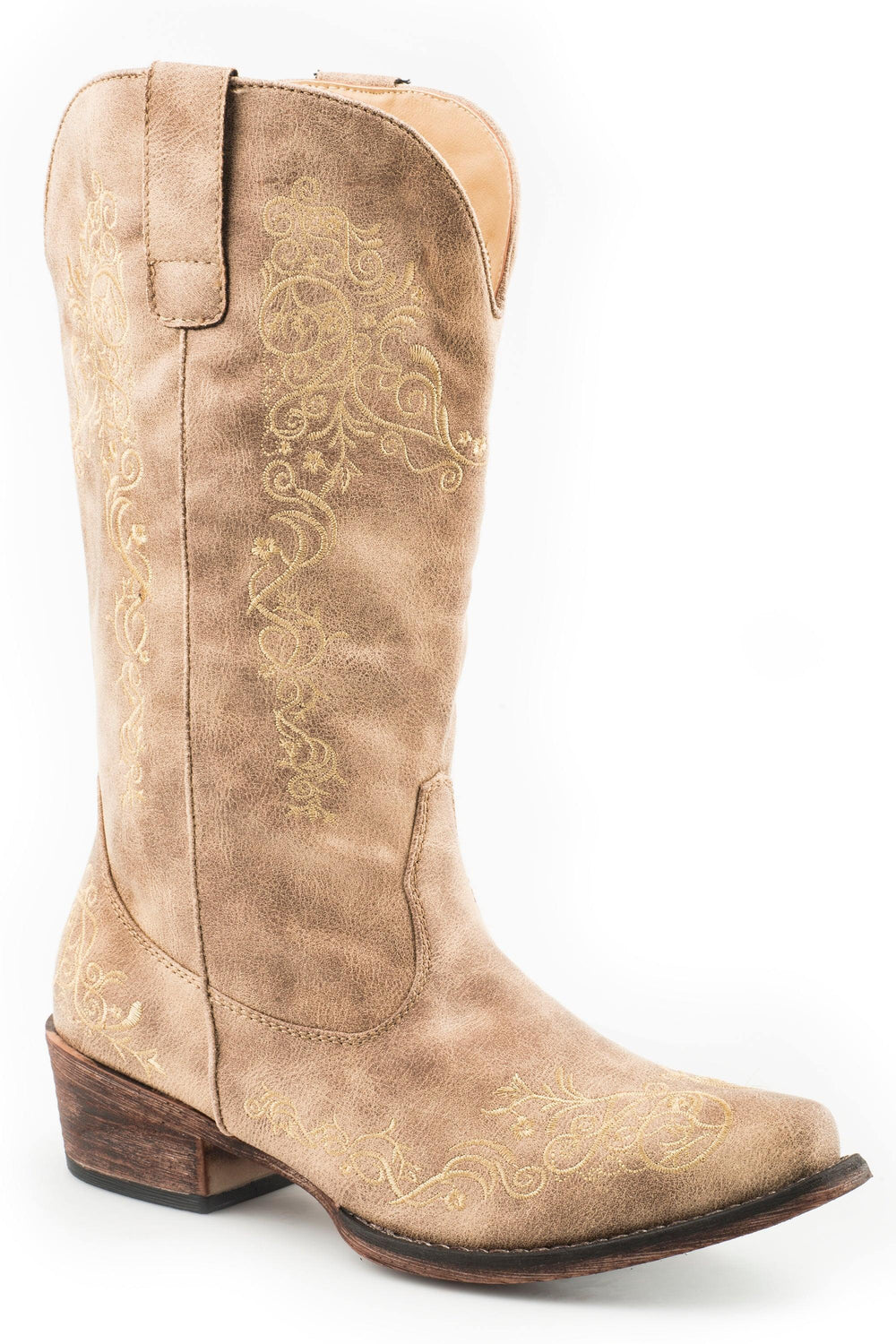 Roper Womens Fashion Cowboy Boot Vintage Beige Faux Leather And All Over Embroidery - Roper