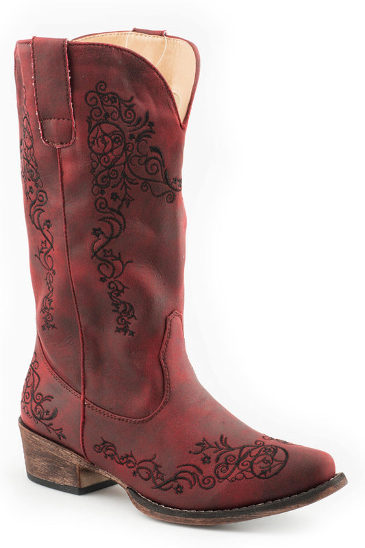 Roper Womens Fashion Cowboy Boot Vintage Red Faux Leather And All Over Embroidery - Roper