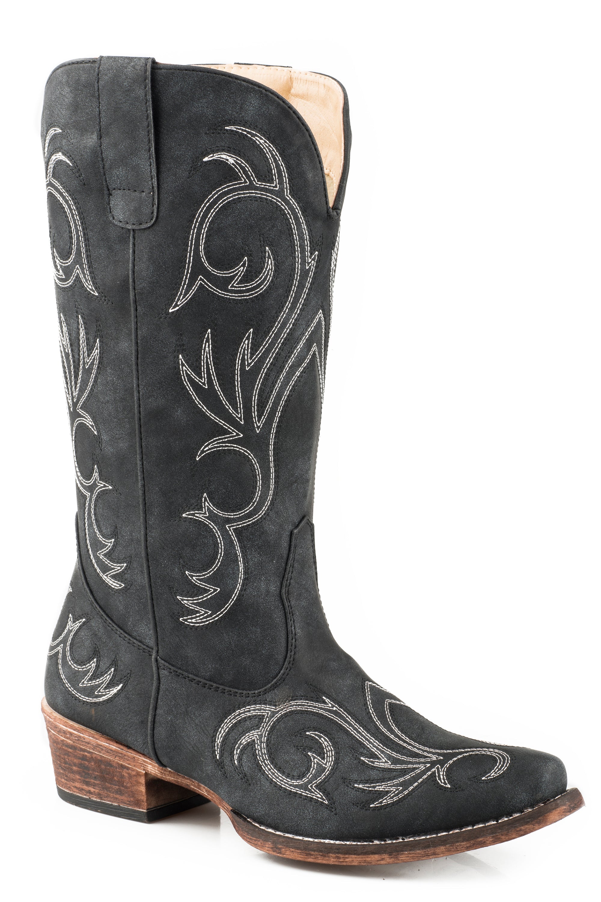 Roper Womens Fashion Cowboy Boot Black Faux Leather And All Over Embroidery