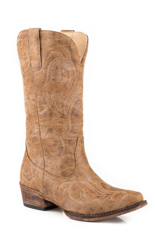 ROPER WOMENS FASHION COWBOY BOOT VINTAGE TAN FAUX LEATHER AND ALL OVER EMBROIDERY - Roper - Flyclothing LLC