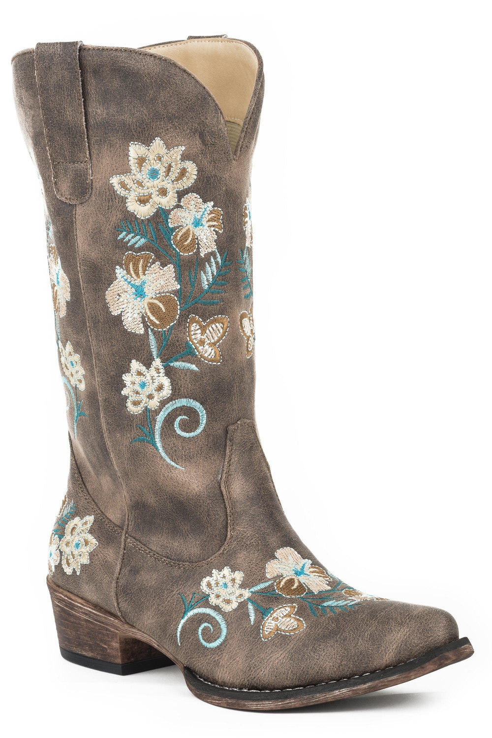 ROPER WOMENS FASHION COWBOY BOOT VINTAGE BROWN FAUX LEATHER WITH ALL OVER FLORAL EMBROIDERY - Roper