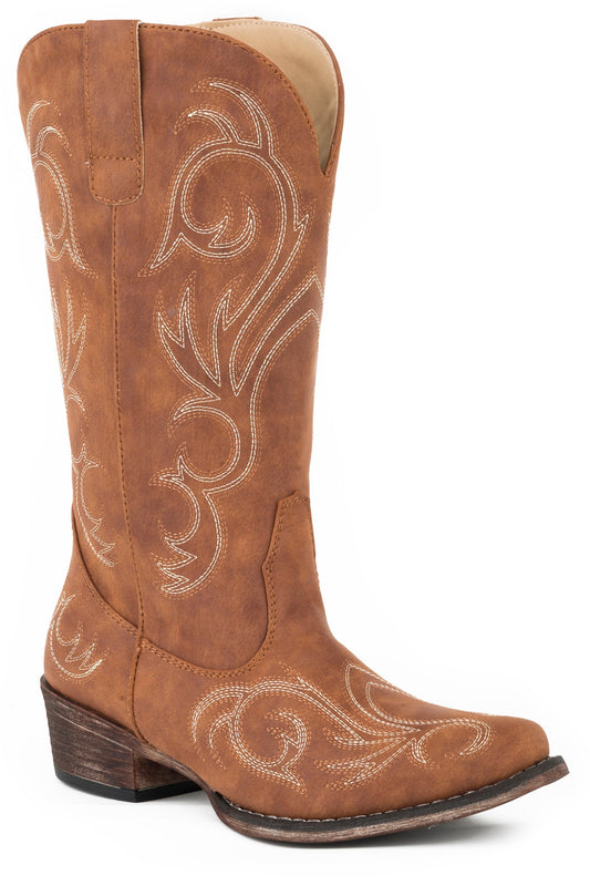 Roper WOMENS FASHION COWBOY BOOT COGNAC FAUX LEATHER WITH ALL OVER EMBROIDERY Boot