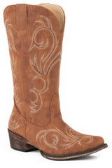 Roper WOMENS FASHION COWBOY BOOT COGNAC FAUX LEATHER WITH ALL OVER EMBROIDERY Boot - Roper
