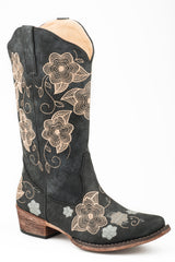 Roper Womens Vintage Black Faux Leather With Floral Embroidery Fashion Boot