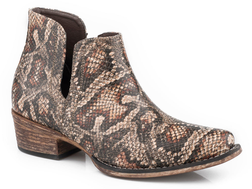 Roper Womens Snip Toe Tan Faux Snake Leather Shorty Boot - Roper