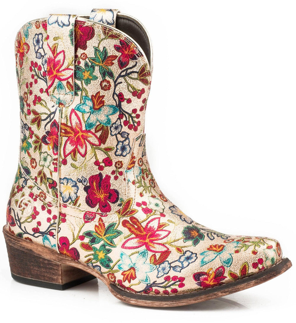 Roper Womens Fashion Shorty Boot Gold Floral Print Faux Leather - Roper