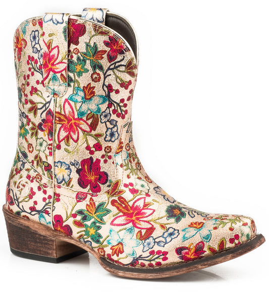 Roper Womens Fashion Shorty Boot Gold Floral Print Faux Leather