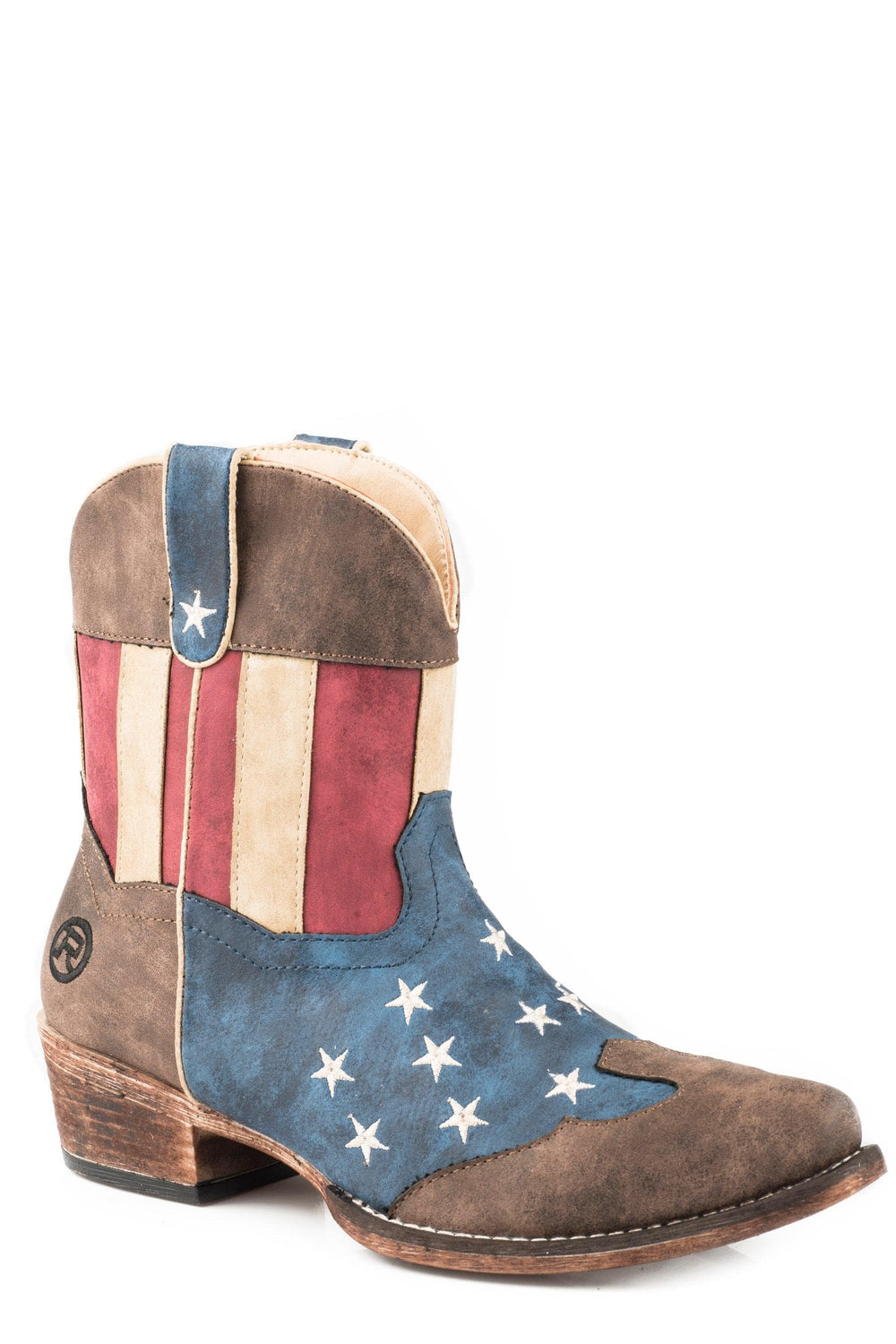 Roper Womens Fashion Shorty Boot Brown With Red White And Blue Distressed Faux Leather - Roper