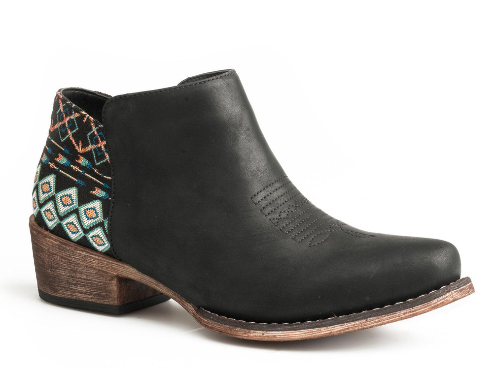 Roper Womens Fashion Ankle Boot Black With Fabric Heel With Side Zip - Roper