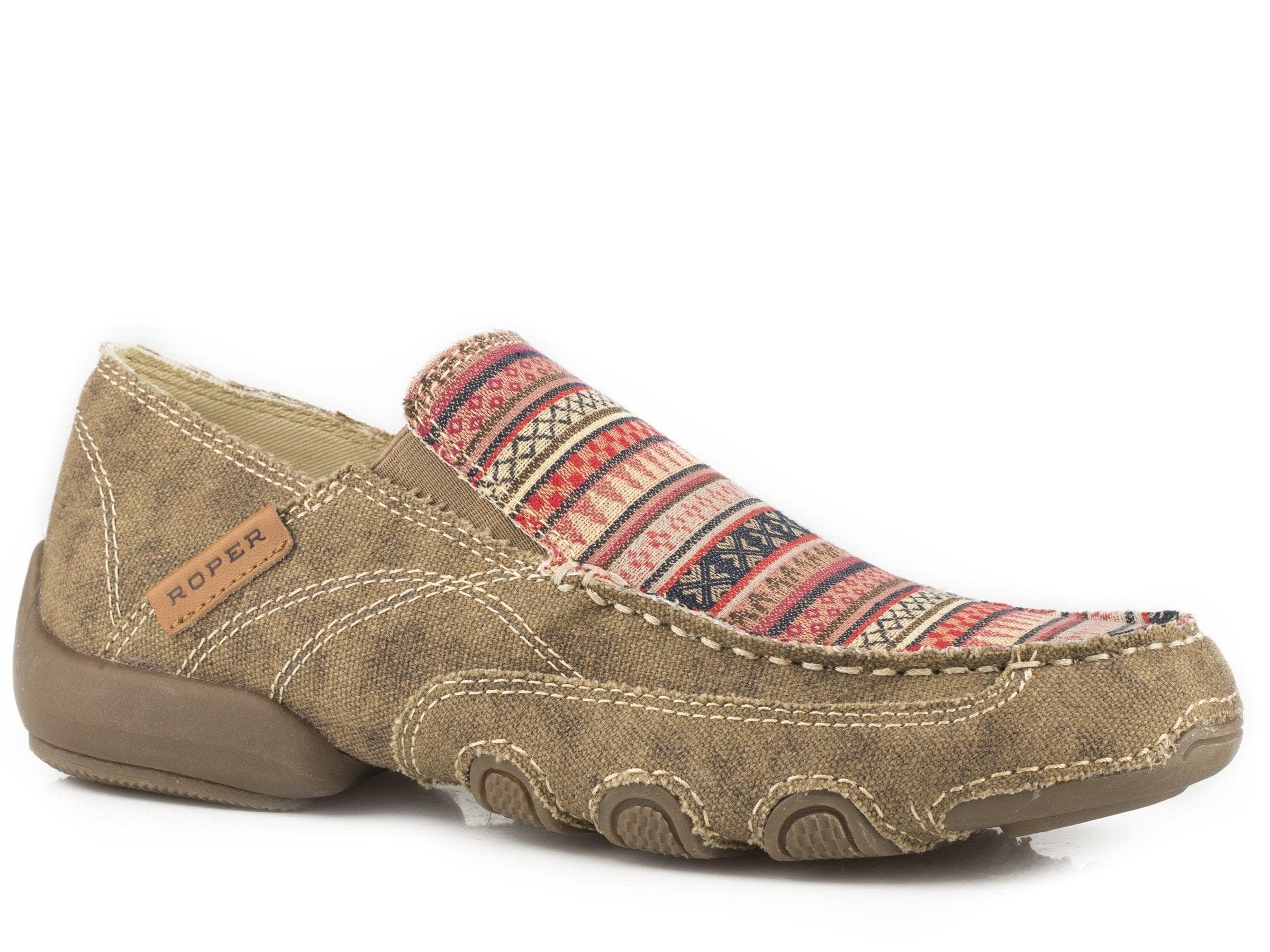 ROPER WOMENS DRIVING MOC WAXY DISTRESSED TAN CANVAS WITH CANVAS WRAPPED SOLE - Roper