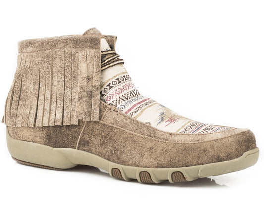 ROPER WOMENS ANKLE DRIVING MOCASSIN TAN LEATHER WITH MULTI COLORED FABRIC AZTEC VAMP 2 EYELET LACE UP - Roper