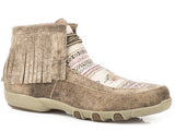 ROPER WOMENS ANKLE DRIVING MOCASSIN TAN LEATHER WITH MULTI COLORED FABRIC AZTEC VAMP 2 EYELET LACE UP - Roper