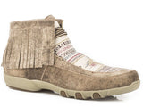 ROPER WOMENS ANKLE DRIVING MOCASSIN TAN LEATHER WITH MULTI COLORED FABRIC AZTEC VAMP 2 EYELET LACE UP - Roper