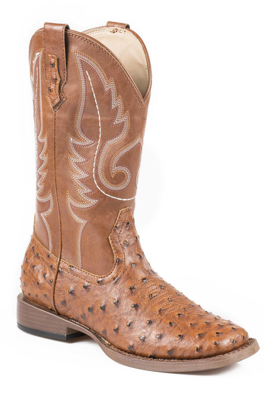 ROPER WOMENS COWBOY BOOT FAUX LEATHER TAN UPPER WITH OSTRICH PRINT VAMP - Roper