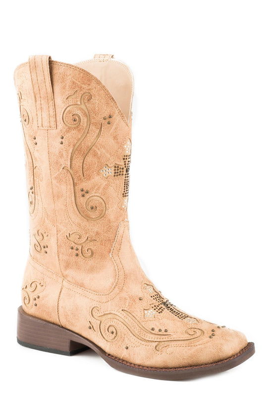 Roper Womens Cowboy Boot Vintage Tan Faux Leather With Inlay Crosses - Roper