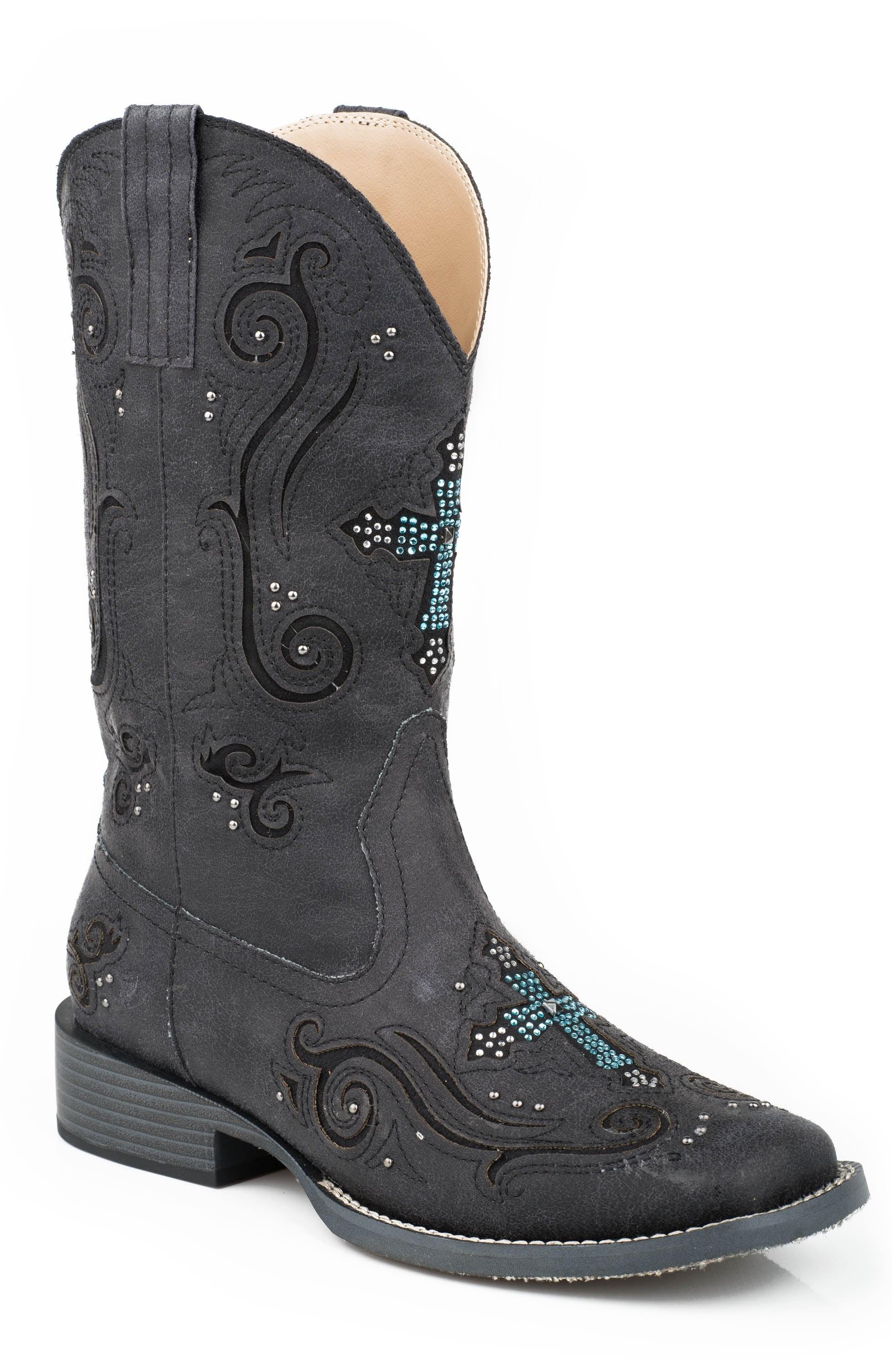 Roper Womens Cowboy Boot Vintage Black Faux Leather With Crystal And Cross Underlay Design - Roper