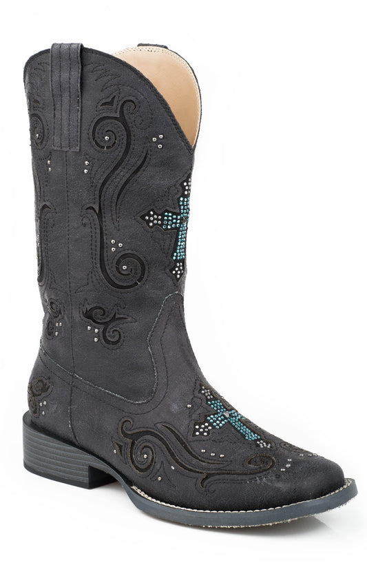 Roper Womens Cowboy Boot Vintage Black Faux Leather With Crystal And Cross Underlay Design - Roper