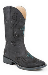 Roper Womens Cowboy Boot Vintage Black Faux Leather With Crystal And Cross Underlay Design - Roper