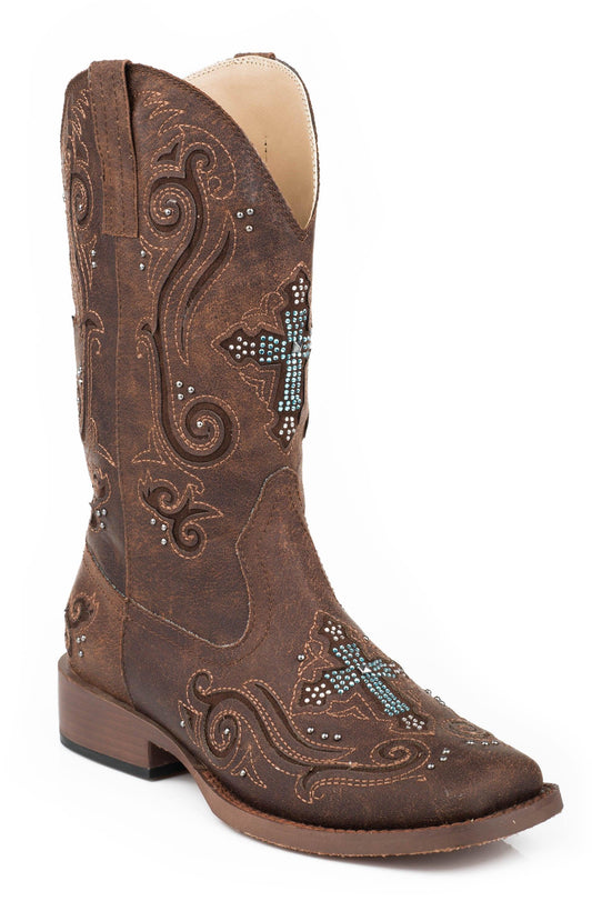 ROPER WOMENS COWBOY BOOT VINTAGE BROWN FAUX LEATHER WITH CRYSTAL AND CROSS UNDERLAY DESIGN - Roper