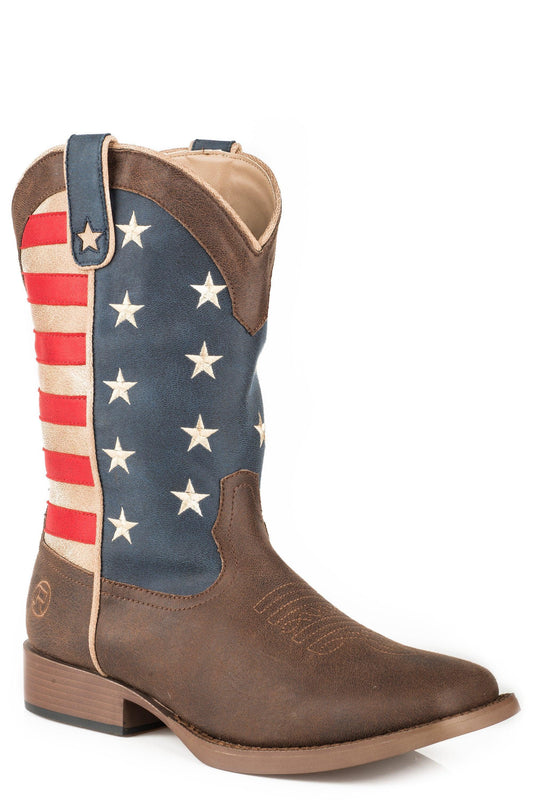 ROPER WOMENS COWBOY BOOT VINTAGE BROWN FAUX LEATHER WITH AMERICAN FLAG UPPER - Roper