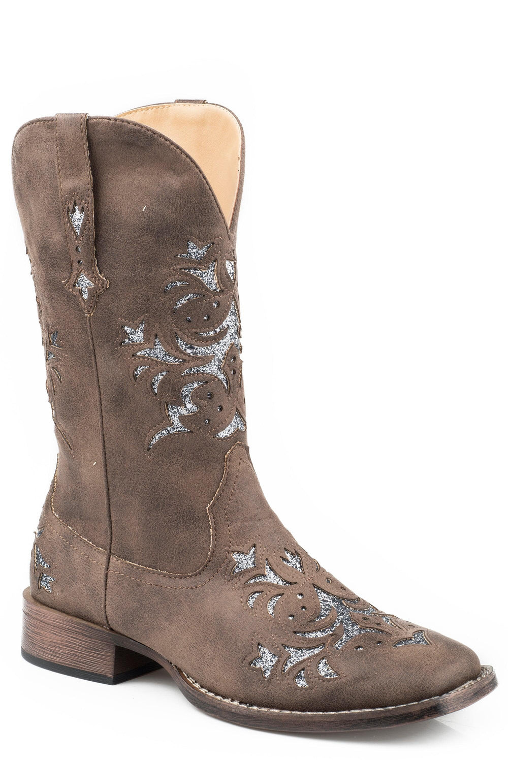 Roper Womens Cowboy Boot Brown Faux Leather With Metallic Silver Underlay - Roper