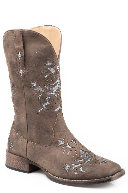 Roper Womens Cowboy Boot Brown Faux Leather With Metallic Silver Underlay - Roper