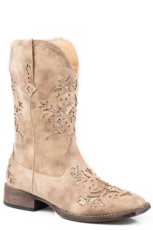 Roper Womens Cowboy Boot Vintage Beige Faux Leather With Metallic Gold Underlay - Roper