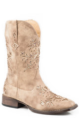 Roper Womens Cowboy Boot Vintage Beige Faux Leather With Metallic Gold Underlay - Roper