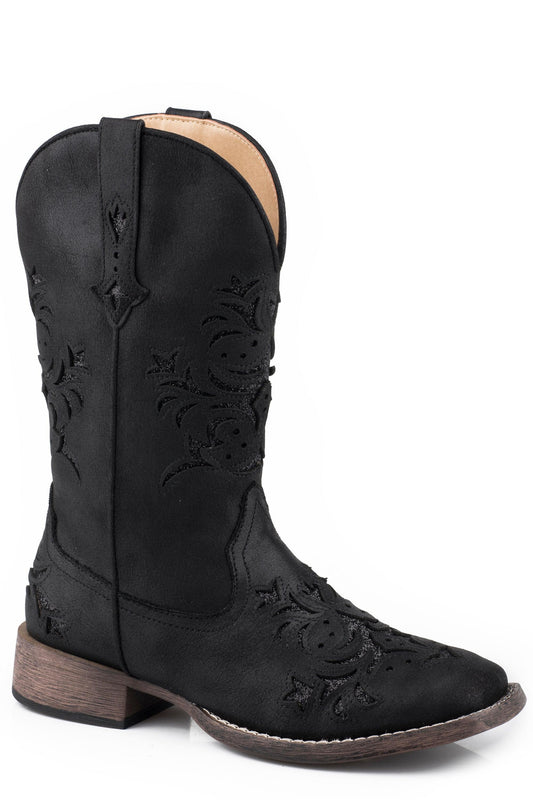 Roper Womens Black Faux Leather Square Toe Boot With Glitter Underlays - Roper