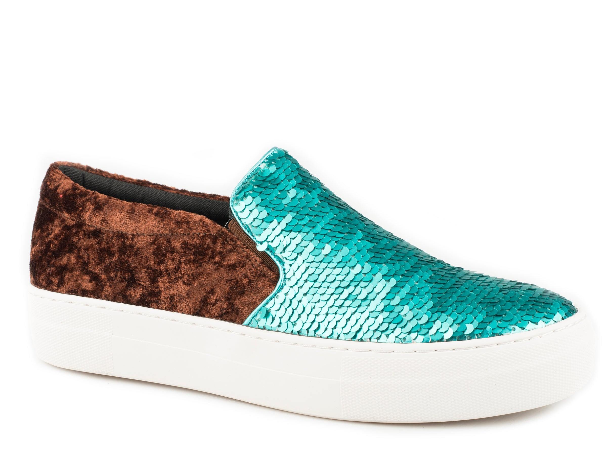 Roper Womens Athletic Sneaker Slip On Turquoise And Silver Sequins On Vamp With Brown Velvet Heel - Roper