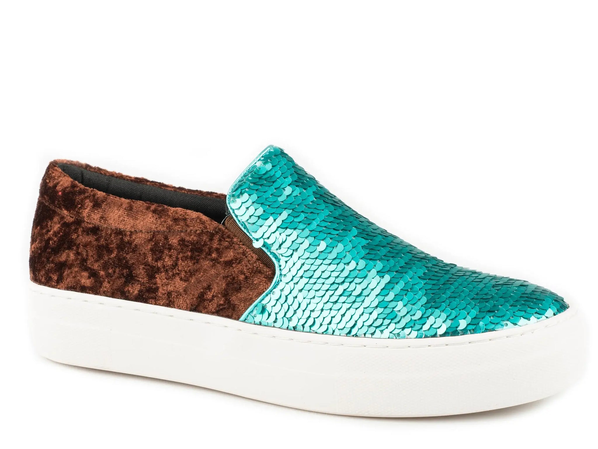 Roper Womens Athletic Sneaker Slip On Turquoise And Silver Sequins On Vamp With Brown Velvet Heel - Roper - Flyclothing LLC
