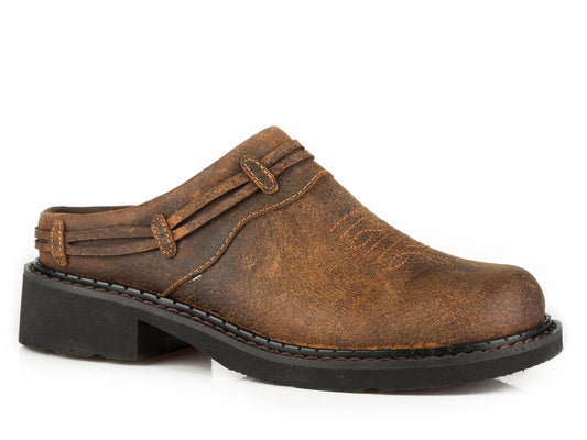 Roper Womens Mule On Chunk Outsole Brown Crazy Horse Leather With Laced Saddle Vamp - Roper