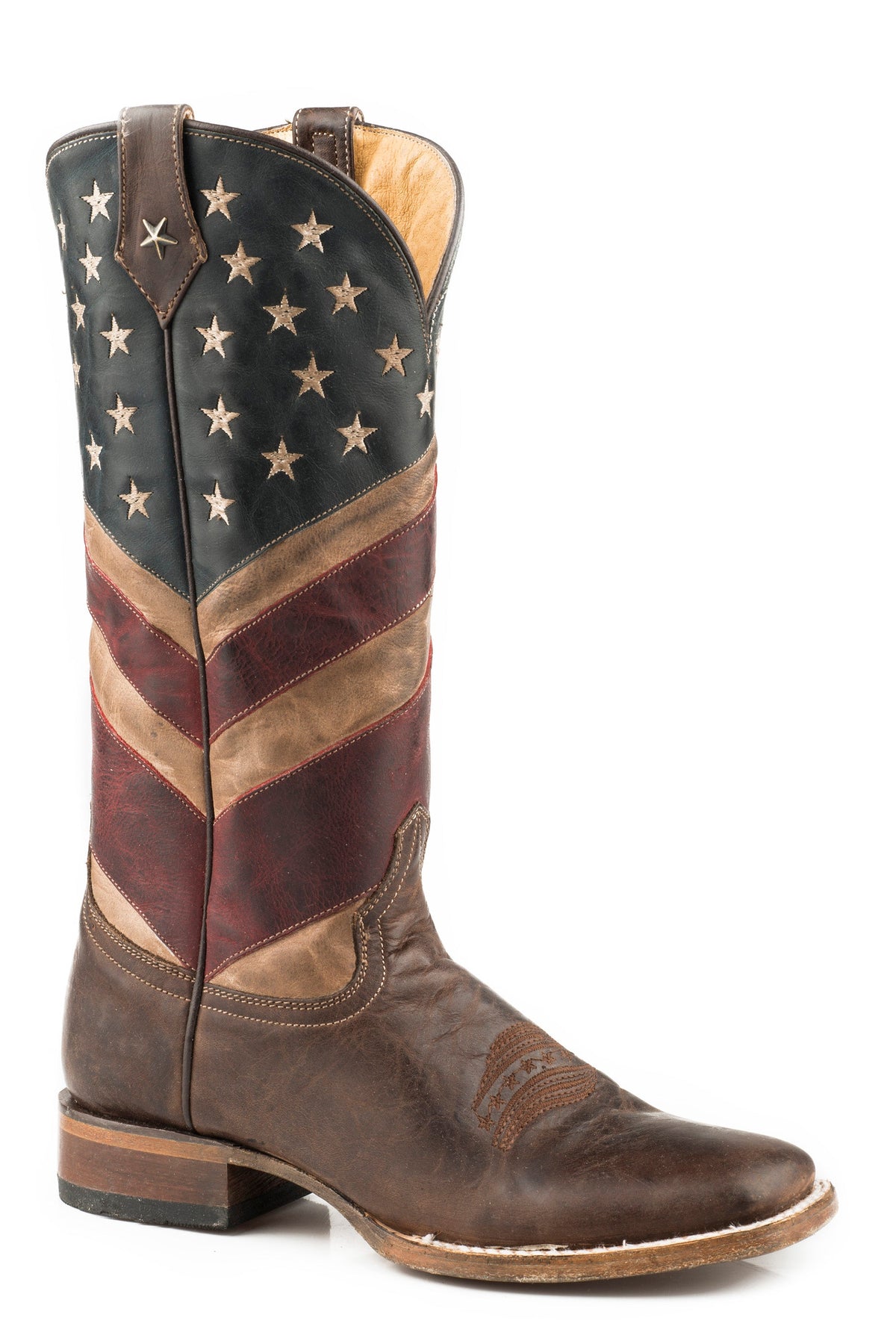 Roper Womens American Flag Leather Cowboy Boot Burnished Tan Red White And Blue