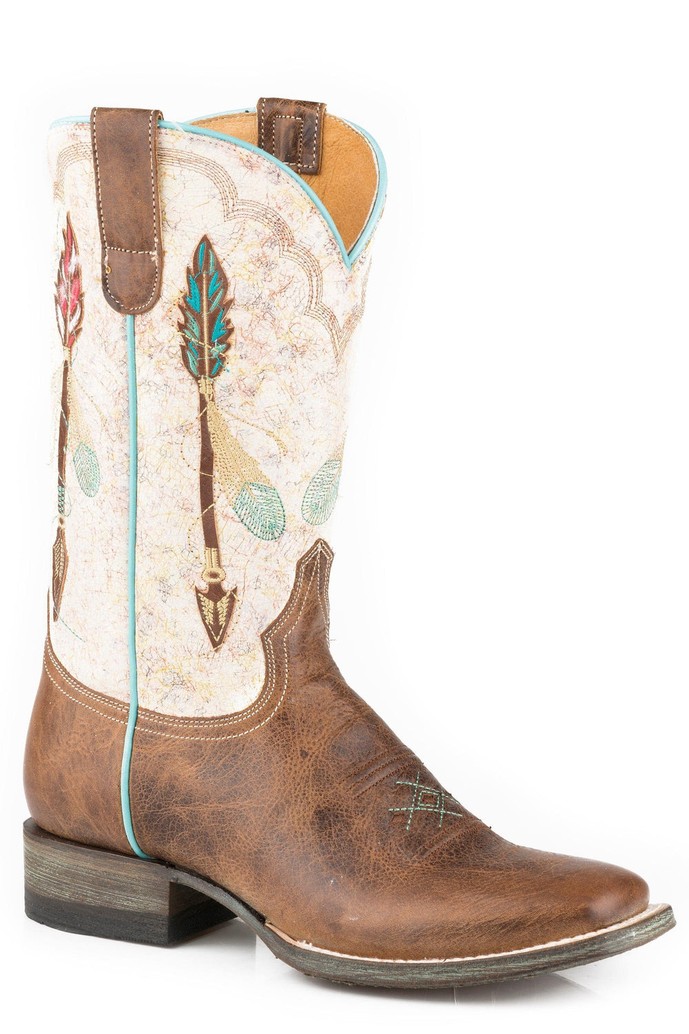 Roper Womens Vintage Tan Vamp Boot With Embroidered Arrow Design On White Shaft - Roper