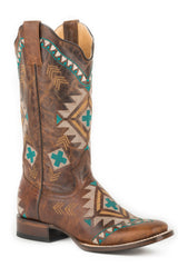 Roper Womens Leather Cowboy Boot Burnished Tan With All Over Southwest Embroidery