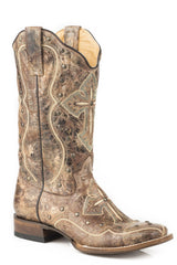ROPER WOMENS LEATHER COWBOY BOOT VINTAGE BROWN WITH EMBROIDERED CROSS AND STUD DESIGN - Flyclothing LLC